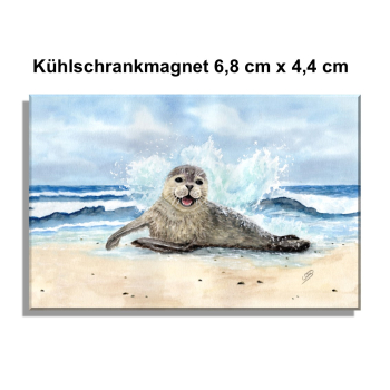 Kühlschrankmagnet  Aquarell Maritim Kunst Druck Kunstdruck Seehund Welle Wellen Robbe Heuler Kegelrobbe Dänemark Nordsee Ostsee