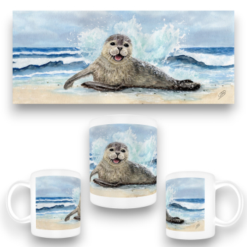 Tasse Becher Kaffeebecher  Aquarell Maritim Kunst Druck Kunstdruck Seehund Welle Wellen Robbe Heuler Kegelrobbe Dänemark Nordsee Ostsee