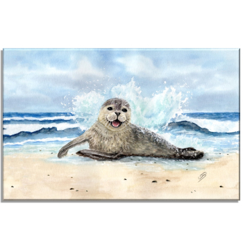 Leinwand 30 x 20 cm Keilrahmen Canvas-Leinen Aquarell Maritim Kunst Druck Kunstdruck Seehund Welle Wellen Robbe Heuler Kegelrobbe Dänemark Nordsee Ostsee