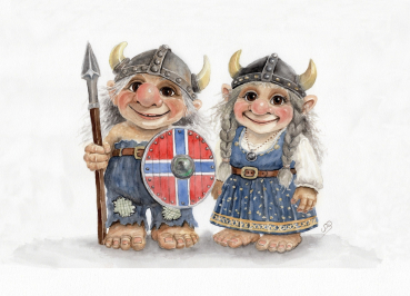 Postcard DIN-A6  watercolor art print Norwegen Norge Norway Scandinavia - Viking Pair of Trolls Troll - AL8-NO