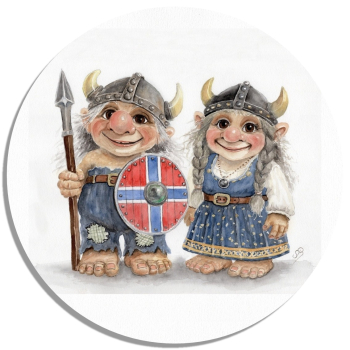 Untersetzer Glasuntersetzer rund 9,5 cm Aquarell Kunst Druck Kunstdruck Norwegen Norge Norway skandinavien - Wikinger Paar Trolle Troll - AL8-NO