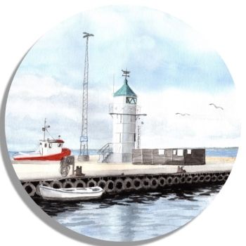 Coasters glass coasters 9,5 x  9,5 cm watercolor maritime art print art print  Denmark Danmark Aaro - Aro - Arø - Aarø 1- Lighthouse in the harbor