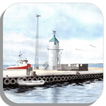 Coasters glass coasters 9,5 x  9,5 cm watercolor maritime art print art print  Denmark Danmark Aaro - Aro - Arø - Aarø 1- Lighthouse in the harbor