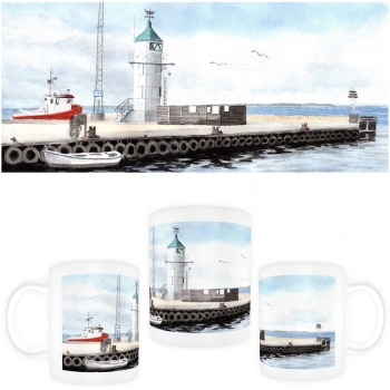 Cup Coffee Cup Mug watercolor maritime art print art print  Denmark Danmark Aaro - Aro - Arø - Aarø 1- Lighthouse in the harbor