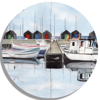 Untersetzer Glasuntersetzer rund 9,5 cm Aquarell Maritim Kunst Druck Kunstdruck  Dänemark Danmark Aaro - Aro - Arø - Aarø 2 - Boote im Hafen