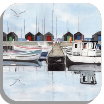 Untersetzer Glasuntersetzer 9,5 x 9,5 cm Aquarell Maritim Kunst Druck Kunstdruck  Dänemark Danmark  Aaro - Aro - Arø - Aarø 2 - Boote im Hafen