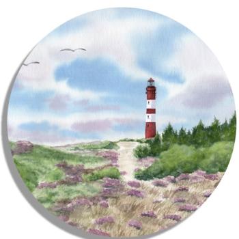 Untersetzer Glasuntersetzer rund 9,5 cm Aquarell Maritim Kunst Druck Kunstdruck Nordsee Amrum Leuchtturm Insel