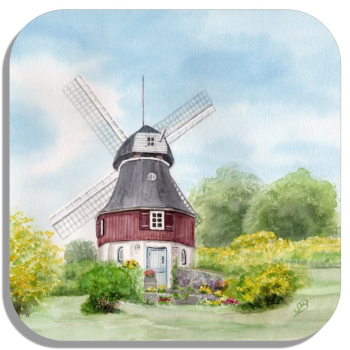 Untersetzer Glasuntersetzer 9,5 x 9,5 cm Aquarell Maritim Kunst Druck Kunstdruck Nordsee Amrum Insel Amrum10 - Mühle Bertha