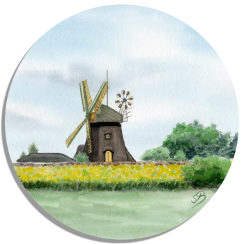 Untersetzer Glasuntersetzer rund 9,5 cm Aquarell Maritim Kunst Druck Kunstdruck Nordsee Amrum Insel Mühle Amrum