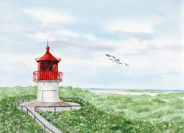 Postkarte DIN-A6 Aquarell Maritim Kunst Druck Kunstdruck Nordsee Amrum  Seezeichen  Quermarkenfeuer Sonnenuntergang - Amrum