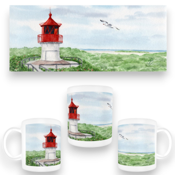 Tasse Becher Kaffeebecher Aquarell Maritim Kunst Druck Kunstdruck Nordsee Amrum  Seezeichen  Quermarkenfeuer Sonnenuntergang - Amrum