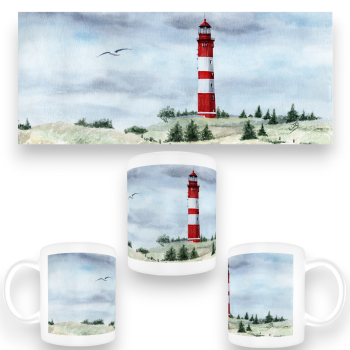 Tasse Becher Kaffeebecher Aquarell Maritim Kunst Druck Kunstdruck Nordsee Amrum Leuchtturm Insel