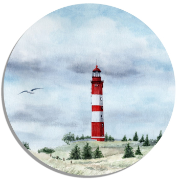 Untersetzer Glasuntersetzer rund 9,5 cm Aquarell Maritim Kunst Druck Kunstdruck Nordsee Amrum Leuchtturm Insel