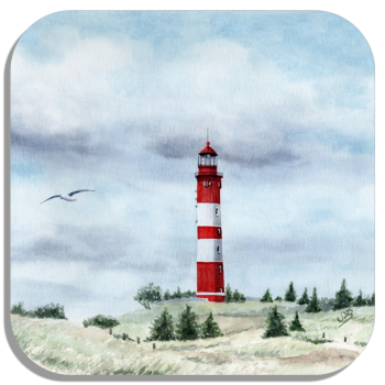 Untersetzer Glasuntersetzer 9,5 x 9,5 cm Aquarell Maritim Kunst Druck Kunstdruck Nordsee Amrum Leuchtturm Insel