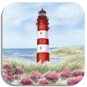 Untersetzer Glasuntersetzer 9,5 x 9,5 cm Aquarell Maritim Kunst Druck Kunstdruck Nordsee Amrum Leuchtturm Insel