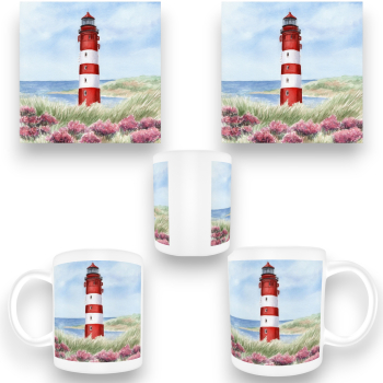 Tasse Becher Kaffeebecher Aquarell Maritim Kunst Druck Kunstdruck Nordsee Amrum Leuchtturm Insel