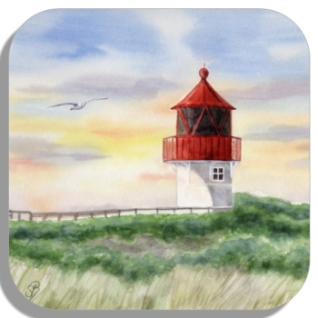Untersetzer Glasuntersetzer 9,5 x 9,5 cm Aquarell Maritim Kunst Druck Kunstdruck Nordsee Amrum  Seezeichen  Quermarkenfeuer Sonnenuntergang - Amrum4