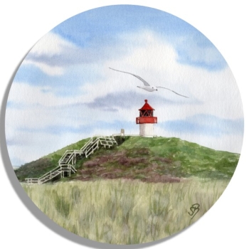 Untersetzer Glasuntersetzer rund 9,5 cm Aquarell Maritim Kunst Druck Kunstdruck Nordsee Amrum  Seezeichen  Quermarkenfeuer Sonnenuntergang - Amrum4