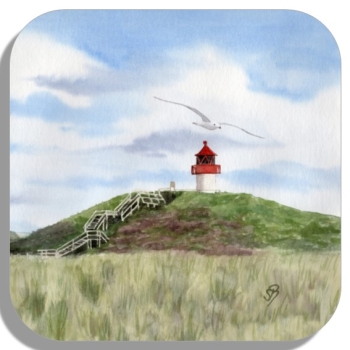 Untersetzer Glasuntersetzer 9,5 x 9,5 cm Aquarell Maritim Kunst Druck Kunstdruck Nordsee Amrum  Seezeichen  Quermarkenfeuer Sonnenuntergang - Amrum4