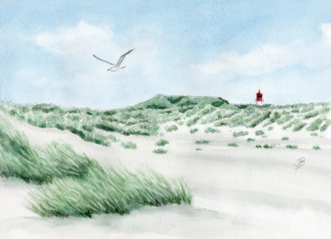 Postkarte DIN-A6 Aquarell Maritim Kunst Druck Kunstdruck Nordsee Amrum  Seezeichen  Quermarkenfeuer Sonnenuntergang - Kniepsand - Amrum9