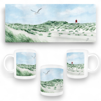 Tasse Becher Kaffeebecher Aquarell Maritim Kunst Druck Kunstdruck Nordsee Amrum  Seezeichen  Quermarkenfeuer Sonnenuntergang - Kniepsand - Amrum9