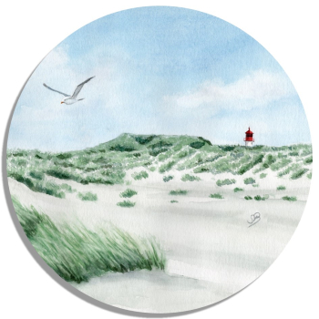 Untersetzer Glasuntersetzer rund 9,5 cm Aquarell Maritim Kunst Druck Kunstdruck Nordsee Amrum  Seezeichen  Quermarkenfeuer Sonnenuntergang - Kniepsand - Amrum9