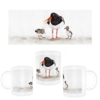 Tasse Becher Kaffeebecher Aquarell Kunst Druck Kunstdruck Vogel Austernfischer Nordsee Austernfischerkücken Kücken