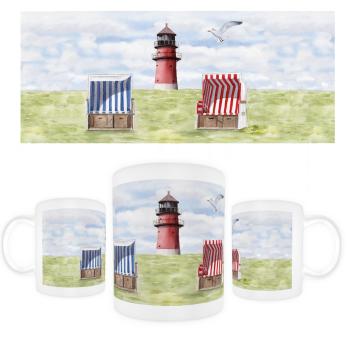 Tasse Becher Kaffeebecher Aquarell Maritim Kunst Druck Kunstdruck Nordsee Büsum Leuchtturm Strandkorb Strand Meer