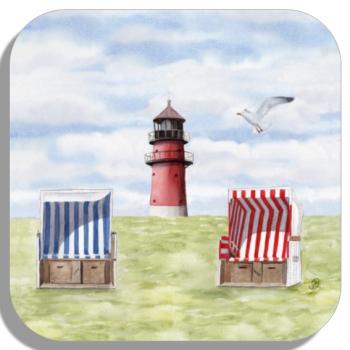 Untersetzer Glasuntersetzer 9,5 x 9,5 cm Aquarell Maritim Kunst Druck Kunstdruck Nordsee Büsum Leuchtturm Strandkorb Strand Meer