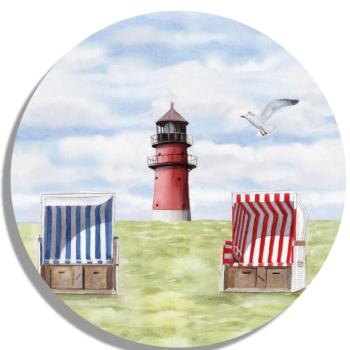 Untersetzer Glasuntersetzer rund 9,5 cm Aquarell Maritim Kunst Druck Kunstdruck Nordsee Büsum Leuchtturm Strandkorb Strand Meer