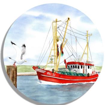 Coasters glass coasters 9,5 x  9,5 cm  Watercolor Maritime Art Print Denmark North Sea Baltic Sea Fishing boat  fisherboat cutter Seagulls