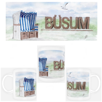 Tasse Becher Kaffeebecher Aquarell Maritim Kunst Druck Kunstdruck Nordsee Büsum Strandkorb Strand Meer