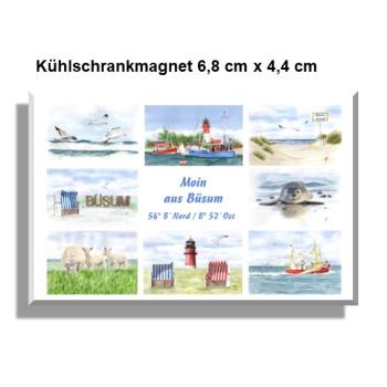 Kühlschrankmagnet Aquarell Maritim Kunst Druck Kunstdruck Nordsee Büsum Collage Strandkorb Leuchtturm Hafen Strand Meer