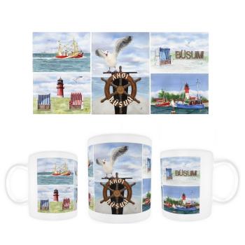 Tasse Becher Kaffeebecher Aquarell Maritim Kunst Druck Kunstdruck Nordsee Büsum Collage Strandkorb Leuchtturm Hafen Strand Meer