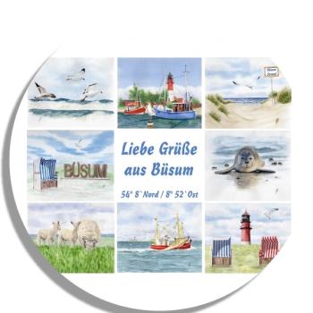 Untersetzer Glasuntersetzer rund 9,5 cm Aquarell Maritim Kunst Druck Kunstdruck Nordsee Büsum Collage Strandkorb Leuchtturm Hafen Strand Meer