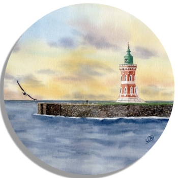 Untersetzer Glasuntersetzer rund 9,5 cm  Aquarell Kunst Druck Kunstdruck Bremerhaven Leuchtturm Pingelturm - BHV1