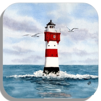Untersetzer Glasuntersetzer 9,5 x 9,5 cm  Aquarell Kunst Druck Kunstdruck Bremerhaven Leuchtturm Roter Sand - BHV2