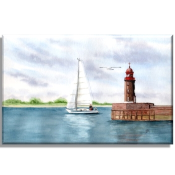 Leinwand 30 x 20 cm Keilrahmen Canvas-Leinen  Aquarell Kunst Druck Kunstdruck Bremerhaven Leuchtturm Nordmole Mole - BHV3