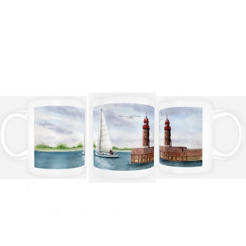 Tasse Becher Kaffeebecher  Aquarell Kunst Druck Kunstdruck Bremerhaven Leuchtturm Nordmole Mole - BHV3