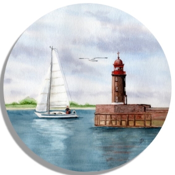 Untersetzer Glasuntersetzer rund 9,5 cm  Aquarell Kunst Druck Kunstdruck Bremerhaven Leuchtturm Nordmole Mole - BHV3
