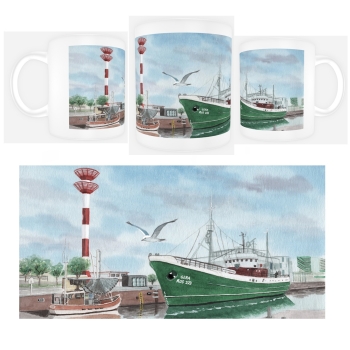 Tasse Becher Kaffeebecher  Aquarell Kunst Druck Kunstdruck Bremerhaven Fischereihafen Museumsschiff FMS GERA - BHV4
