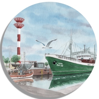 Untersetzer Glasuntersetzer rund 9,5 cm  Aquarell Kunst Druck Kunstdruck Bremerhaven Fischereihafen Museumsschiff FMS GERA - BHV4