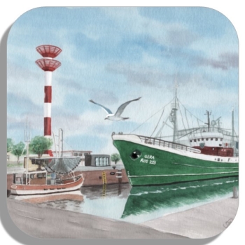 Untersetzer Glasuntersetzer 9,5 x 9,5 cm  Aquarell Kunst Druck Kunstdruck Bremerhaven Fischereihafen Museumsschiff FMS GERA - BHV4