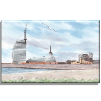 Leinwand 30 x 20 cm Keilrahmen Canvas-Leinen  Aquarell Kunst Druck Kunstdruck Bremerhaven Strandansicht Atlantic Hotel und Klimahaus - BHV5
