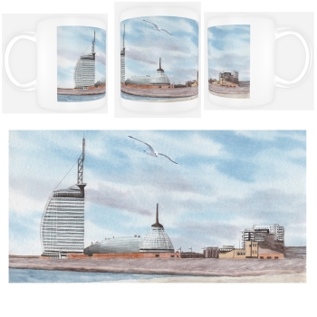Tasse Becher Kaffeebecher  Aquarell Kunst Druck Kunstdruck Bremerhaven Strandansicht Atlantic Hotel und Klimahaus - BHV5