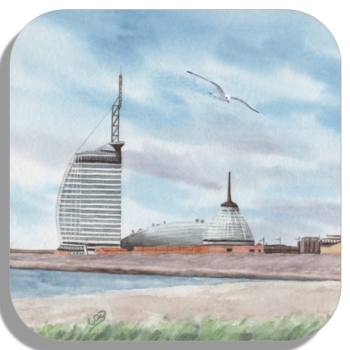 Untersetzer Glasuntersetzer 9,5 x 9,5 cm  Aquarell Kunst Druck Kunstdruck Bremerhaven Strandansicht Atlantic Hotel und Klimahaus - BHV5