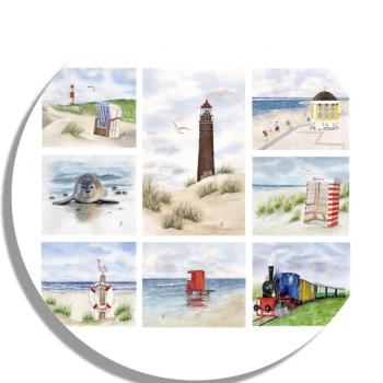 Coasters glass coasters 9,5 x  9,5 cm Watercolor Maritime Art Print North Sea Island Borkum Beach Chair Lighthouse Ocean Dunes
