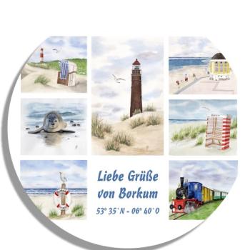 Coasters glass coasters 9,5 x  9,5 cm Watercolor Maritime Art Print North Sea Island Borkum Beach Chair Lighthouse Ocean Dunes