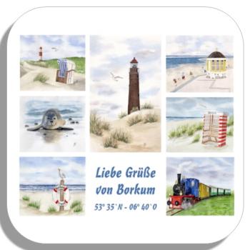 Coasters glass coasters 9,5 x  9,5 cm Watercolor Maritime Art Print North Sea Island Borkum Beach Chair Lighthouse Ocean Dunes