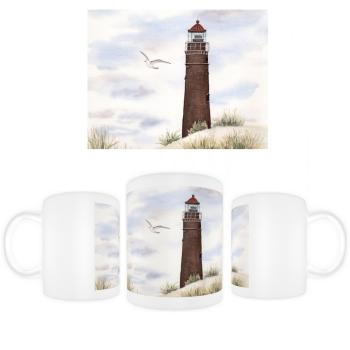 Tasse Becher Kaffeebecher Aquarell Maritim Kunst Druck Kunstdruck Nordsee Insel Borkum Neuer Leuchtturm Strand Meer Dünen